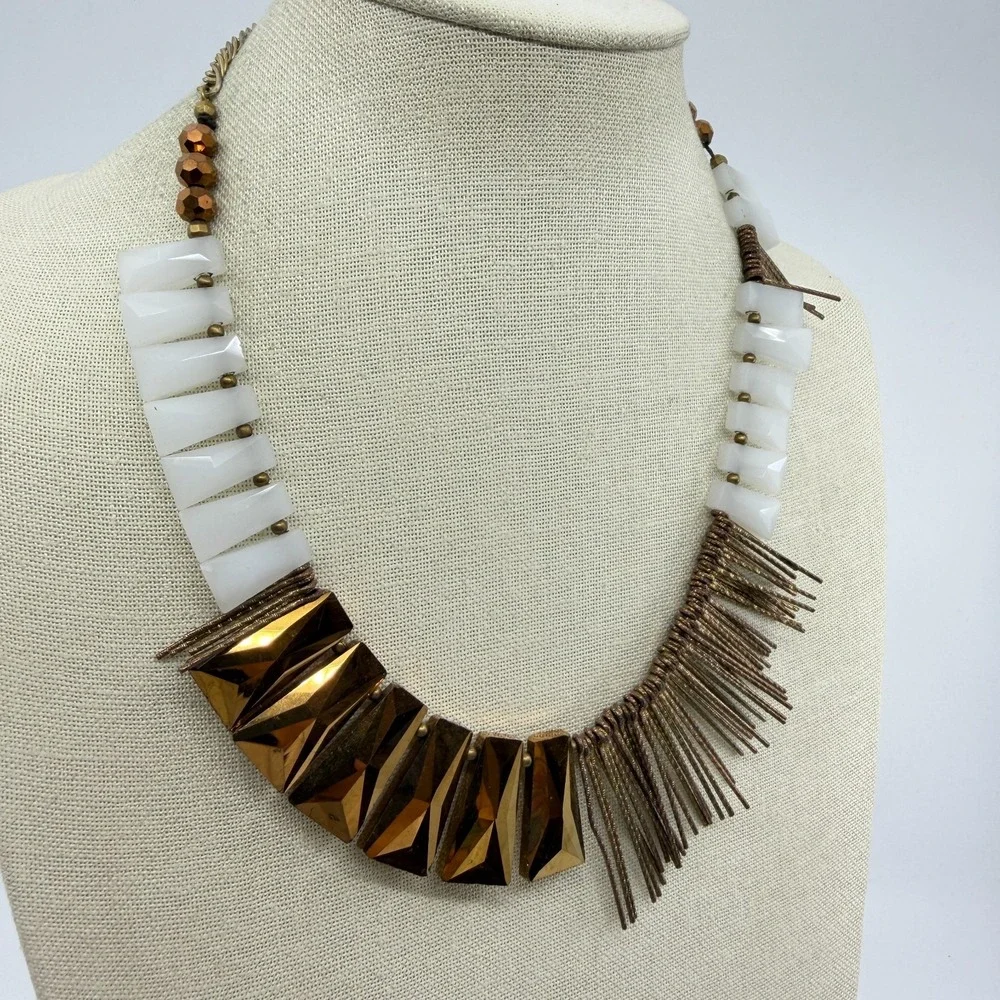 Bronze Tone  White  Geometric Bead Fringe Bib Necklace Boho Statement Jewelry